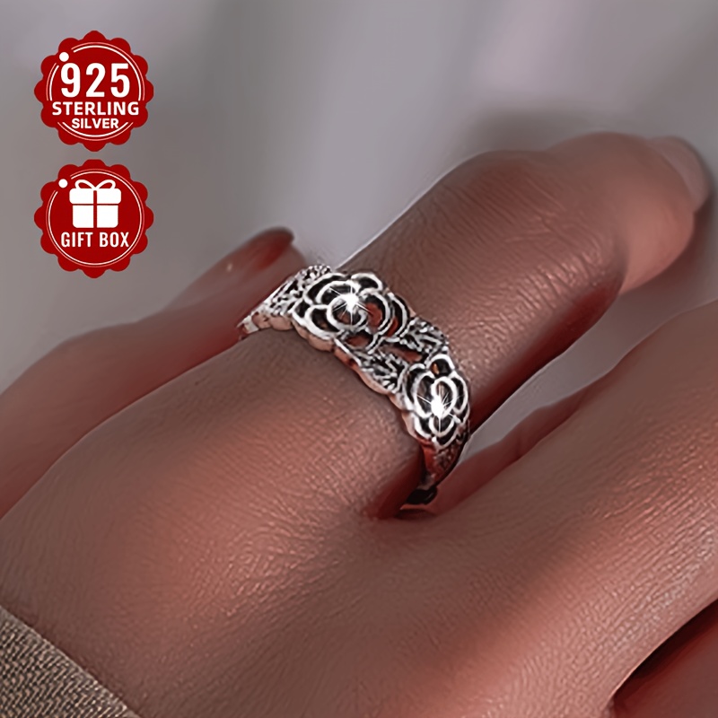 5g Sterling Silver Rose Ring Retro Ethnic Style Hollow Flower Ring